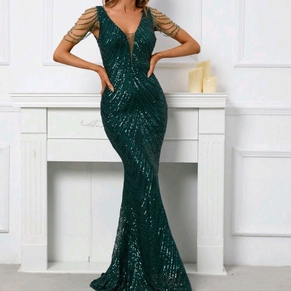 Dark Green, Sleeveless  Deep V Neck,  Rhinestone Draped,  Contras Sequin… - Picture 10 of 16